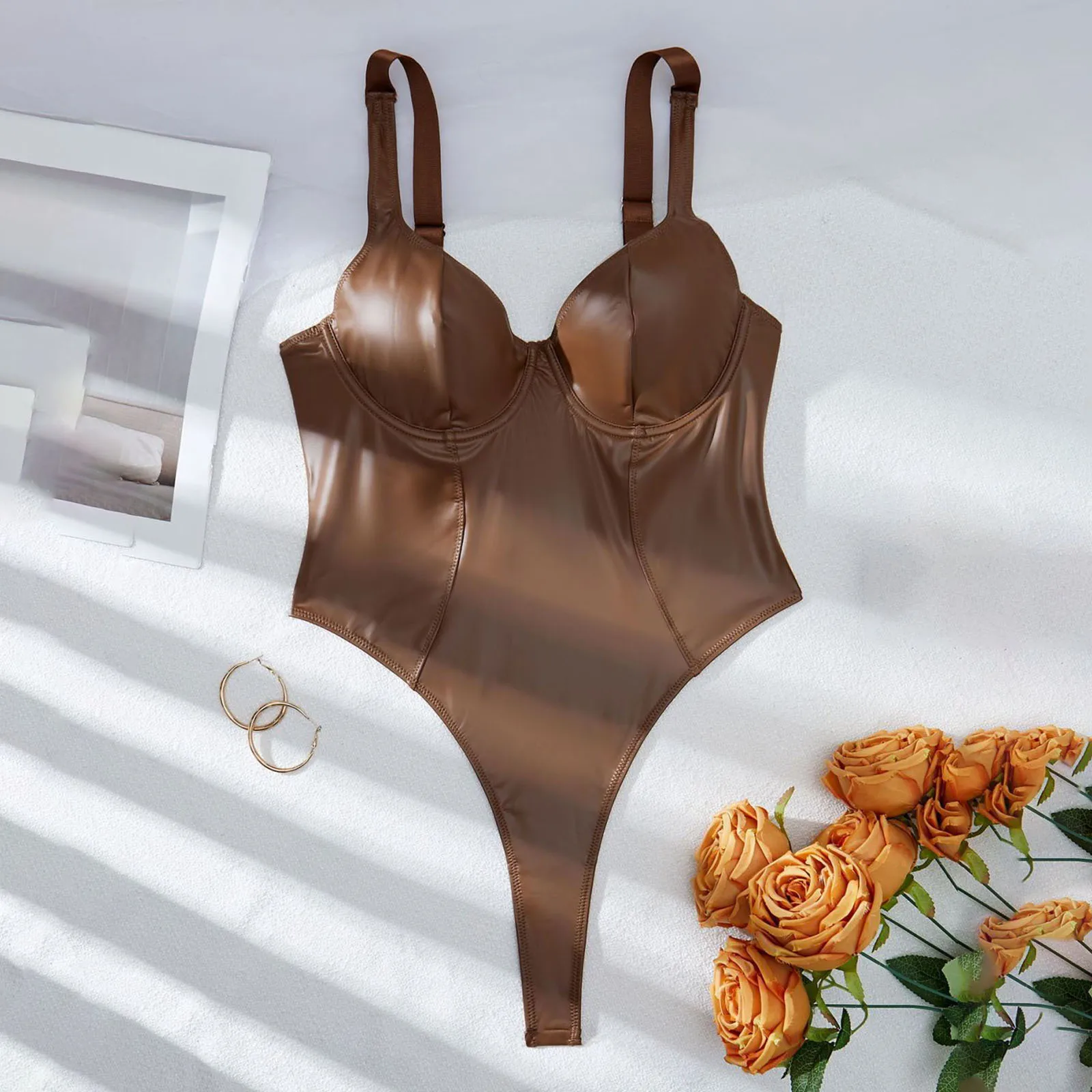 Women's PU Faux Leather Lingerie Bodysuit Sleeveless V Neck High Cut Bodysuit Shapewear - Image 6