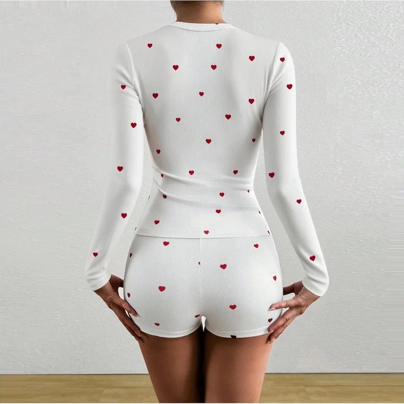 Women Summer 2 Piece Outfits Y2k Heart Print Long Sleeve Square Neck Tops and Mini Shorts Lounge Set - Image 3