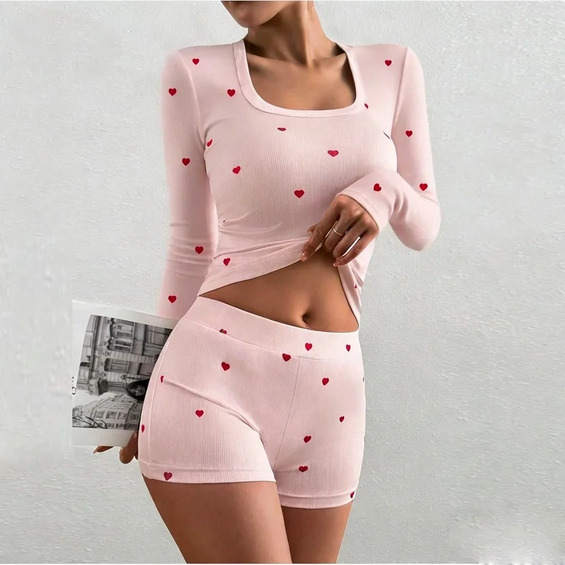 Women Summer 2 Piece Outfits Y2k Heart Print Long Sleeve Square Neck Tops and Mini Shorts Lounge Set