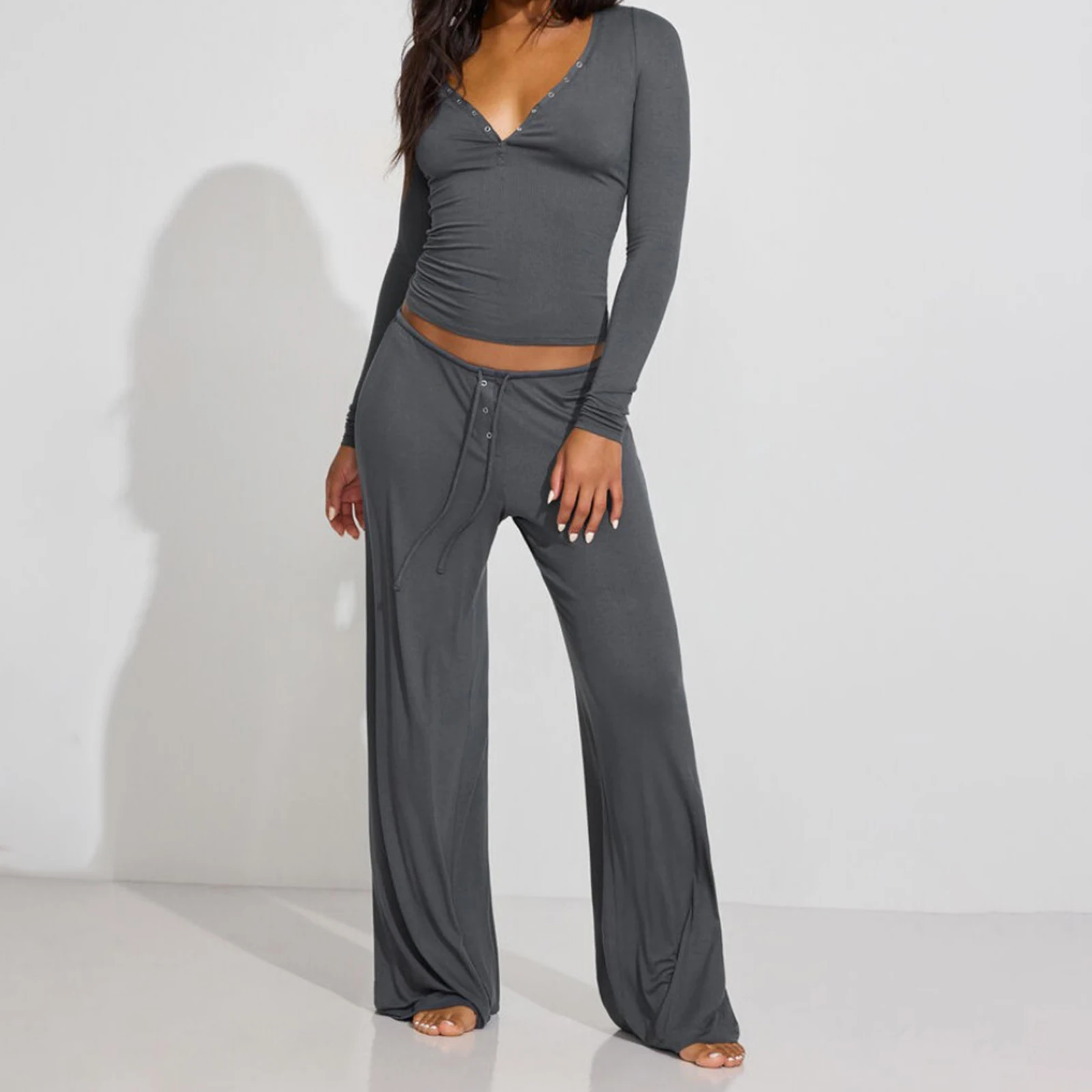 Women Y2K Floral 2 Piece Lounge Set Long Sleeve Fitted Tee Shirt Top Wide Leg Long Pants Cute Pajama Outfit - Image 3