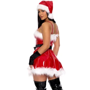 Women PU Christmas Costume Sleeveless Furry Patchwork Belted Slip Dress with Hat Gloves Cosplay Party Outfit