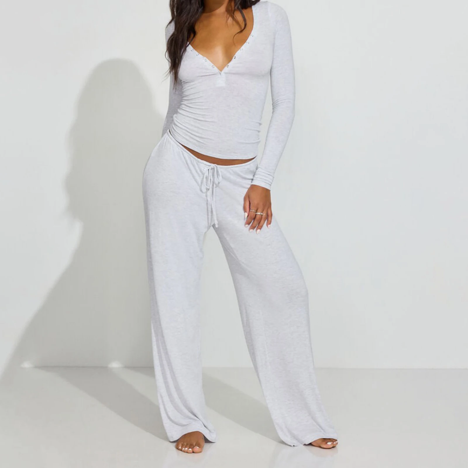 Women Y2K Floral 2 Piece Lounge Set Long Sleeve Fitted Tee Shirt Top Wide Leg Long Pants Cute Pajama Outfit - Image 2